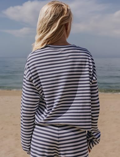 Women's Striped 2 Piece Lounge Set Casual Long Sleeve T-Shirt Drawstring Wide Leg Pants Matching Pajamas Set