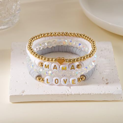 Mama Bracelets for Women Multilayer Polymer Clay Heishi Beaded Stackable Bracelets Set Boho Summer Beach Jewelry Mother's Day