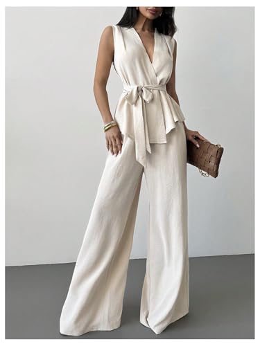 Women's Suit Pants Set 2 Piece Summer Outfit Wrap V Neck Belted Top and Pants Business Casual Clothes