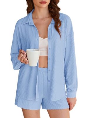 2 Piece Sets for Women Lounge Sets Button Down Matching Shorts Sets with Pockets Swiss Dot Outfits