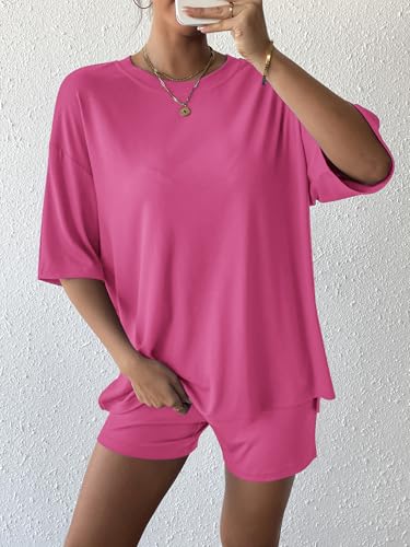Womens 2 Piece Lounge Sets 2025 Summer Travel Outfits Casual Short Sleeve Oversized Tshirts Tops Biker Shorts