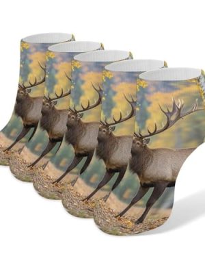 5 Pairs of Cotton Ankle Socks for Women Men Fall Birch Leaves Elk Low Cut Socks for Running Hiking No Show Athletic Sock