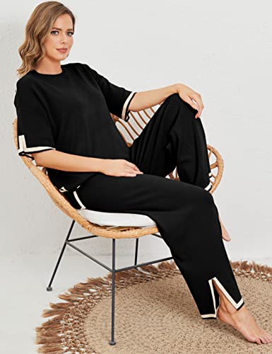 Womens Knit 2 Piece Sweater Sets Short Sleeve Pullover Tops Elastic Waist Wide Leg Pants Lounge Set