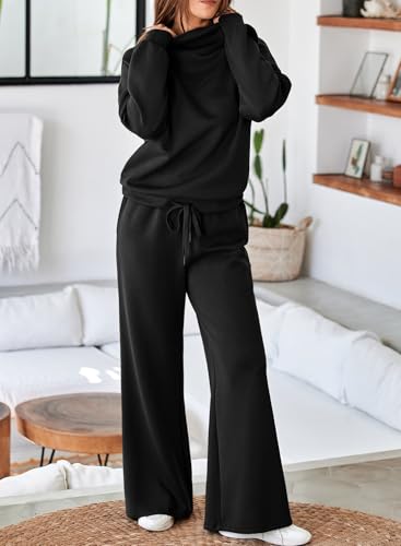 Women's 2 Piece Outfits Lounge Set Mock Neck Long Sleeve Sweatshirt With Wide Leg Pants Sweatsuit Fall 2025