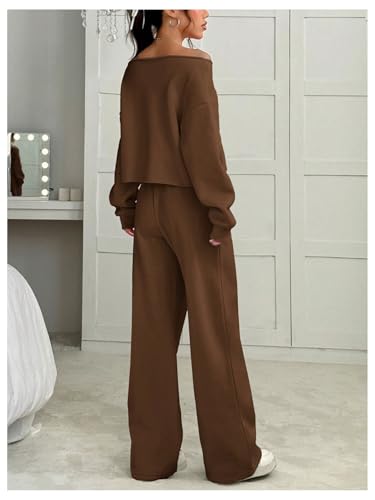 Women's 2 Piece Outfits Fall Sweatsuits Off The Shoulder Crop Top Wide Leg Sweatpants Casual Matching Lounge Sets
