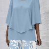 Women's 2 Piece Outfits Green 3/4 Sleeve Double Layer Top and Leaf Print Straight Leg Pants Lounge Set 2025 Trendy