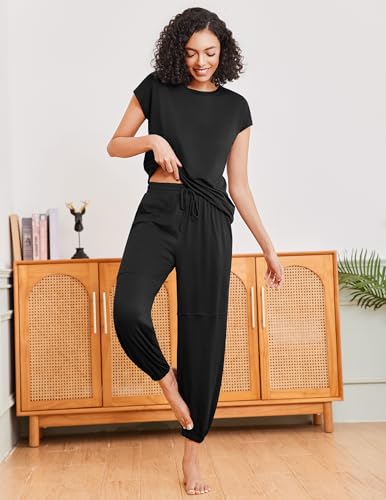 Pajamas for women 2 Piece Lounge Set Cap Sleeve Sleepwear Joggers Pants Pjs with Pockets S-XXL