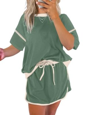 Women's 2 Piece Sets Summer Casual Short Sleeve Tops Matching Drawstring Mini Skirt Going Out Lounge Outfits