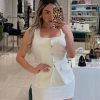 Women's Summer 2 Piece Outfit Sleeveless Blazer Vest Mini Skirt Set Elegant Button-Up Suit Matching Workwear