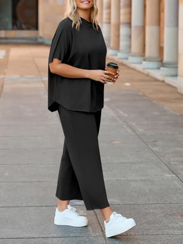 Women's Plus Size 2 Piece Outfits 3/4 Batwing Sleeve Capelet Crew Neck Pullover Top Wide Leg Pants Lounge Set