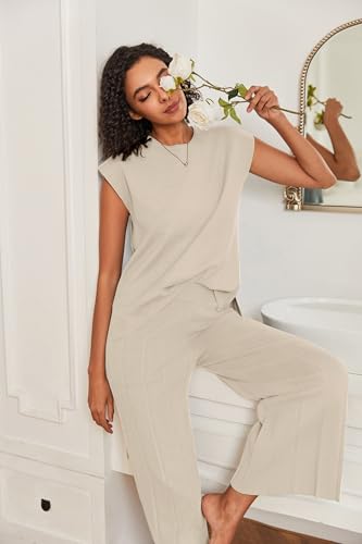 Lounge Sets for Women Two Piece Outfits Knit Cap Sleeve Tops Wide Leg Pleated Pants Casual Dressy Sweater Sets