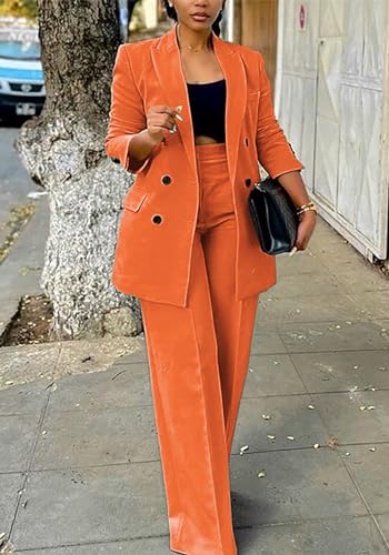 Pants Suits for Women Dressy 2 Piece Business Casual Outfits Double Breasted Blazer Wide Leg Pants Set Office Work