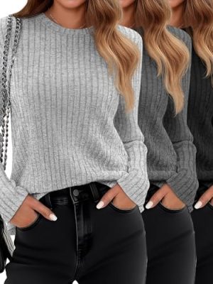 3 Pack Women's Long Sleeve Sweaters, Lightweight Crew Neck Shirts Regular Fit Tunic Tops Casual Solid Color Pullover