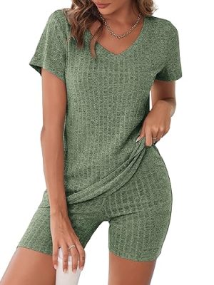 Biker Short Sets Women 2 Piece Outfits Ribbed Pajama Short Sleeve Workout Set