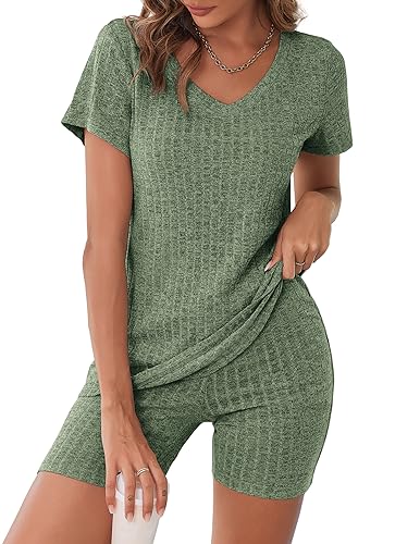 Biker Short Sets Women 2 Piece Outfits Ribbed Pajama Short Sleeve Workout Set