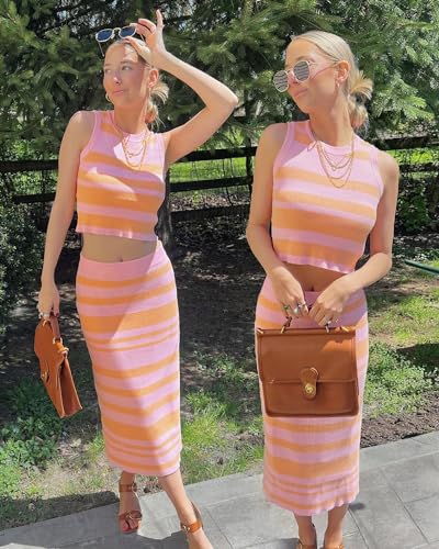 Women's Non See Through 2 Piece Sets Early Fall Tank Top and Midi Skirt Knit Outfits