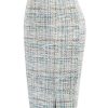 Women's Tweed Pencil Skirt Knee Length High Waisted Skirts with Slit Elegant Skirts with Belt
